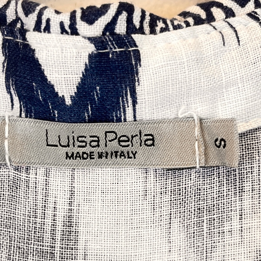 Luisa Perla 100% Linen Dress Sleeveless Blue White Ikat Print Resort Chic Sz S - Picture 7 of 12